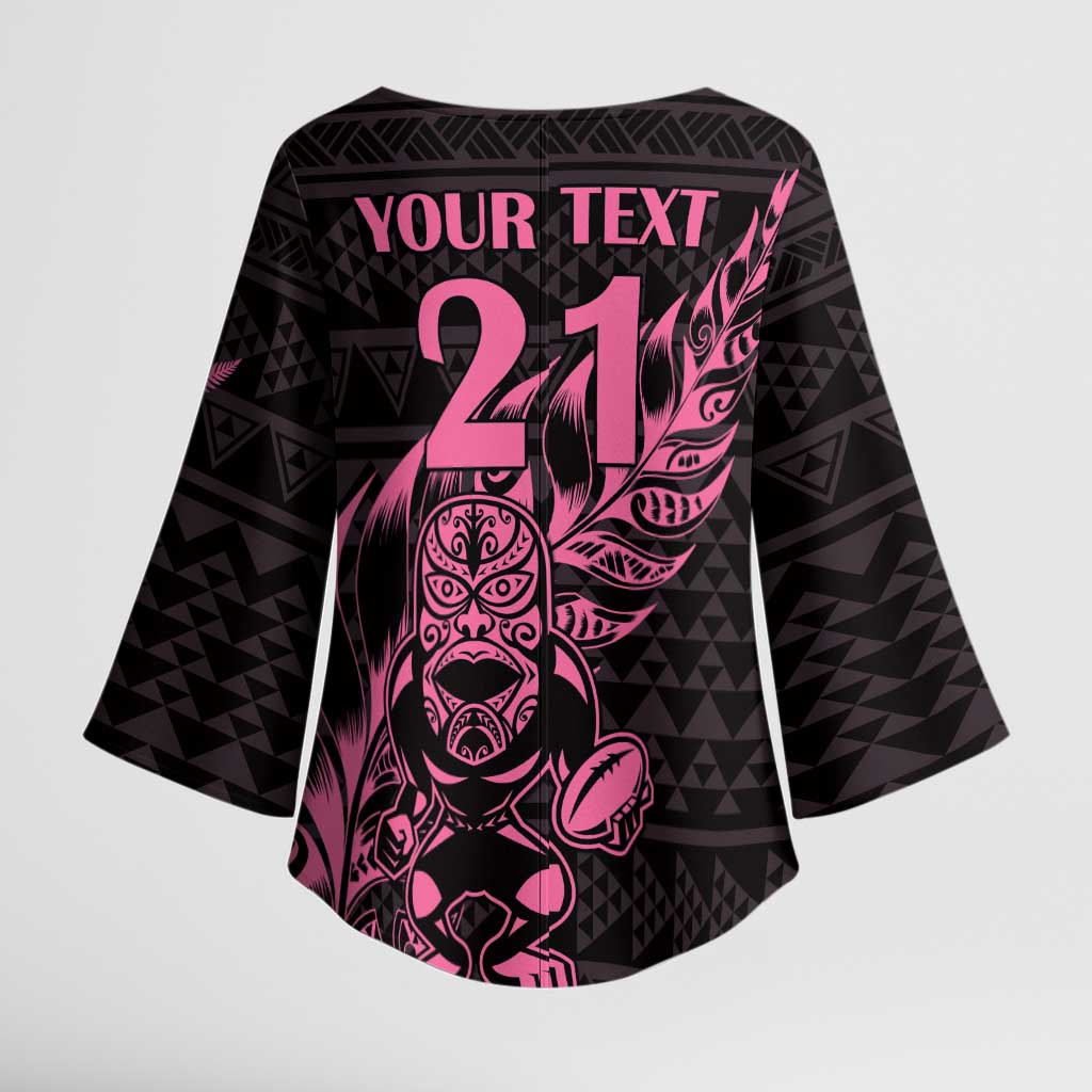 New Zealand Rugby Warrior Custom Kimono Sleeve Blouse Pink Fern Taniko Motif LT9 - Polynesian Pride