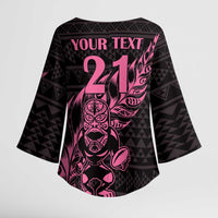 New Zealand Rugby Warrior Custom Kimono Sleeve Blouse Pink Fern Taniko Motif LT9 - Polynesian Pride