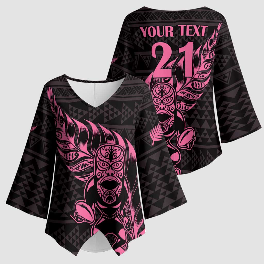 New Zealand Rugby Warrior Custom Kimono Sleeve Blouse Pink Fern Taniko Motif LT9 - Polynesian Pride