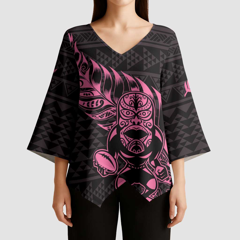 New Zealand Rugby Warrior Custom Kimono Sleeve Blouse Pink Fern Taniko Motif LT9 - Polynesian Pride