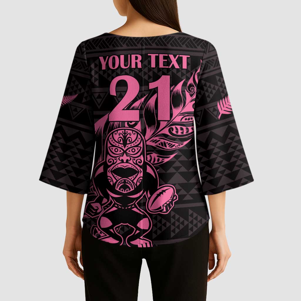 New Zealand Rugby Warrior Custom Kimono Sleeve Blouse Pink Fern Taniko Motif LT9 - Polynesian Pride