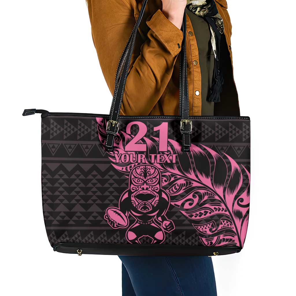 New Zealand Rugby Warrior Custom Leather Tote Bag Pink Fern Taniko Motif LT9 - Polynesian Pride