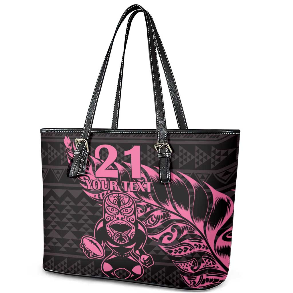 New Zealand Rugby Warrior Custom Leather Tote Bag Pink Fern Taniko Motif LT9 - Polynesian Pride