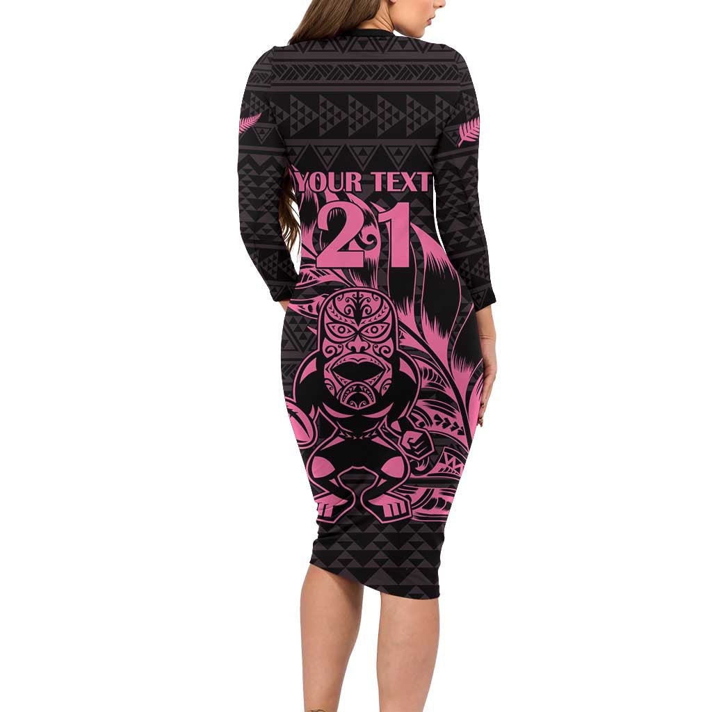 New Zealand Rugby Warrior Custom Long Sleeve Bodycon Dress Pink Fern Taniko Motif LT9 - Polynesian Pride