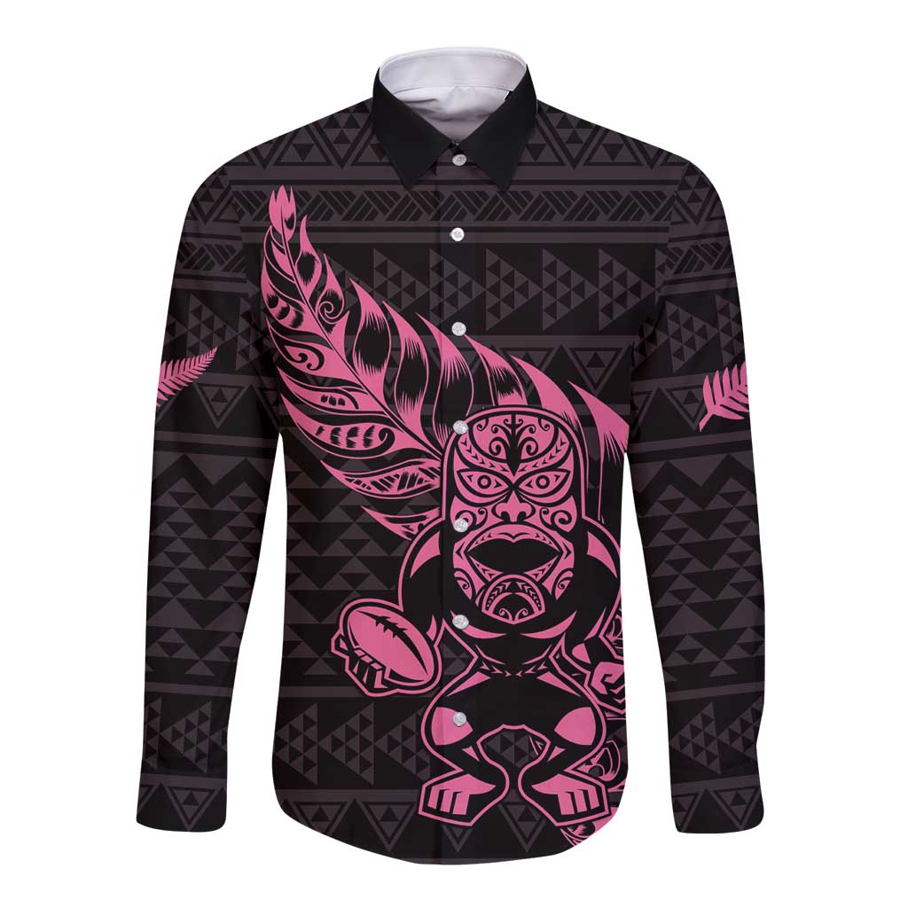 New Zealand Rugby Warrior Custom Long Sleeve Button Shirt Pink Fern Taniko Motif LT9 Unisex Pink - Polynesian Pride