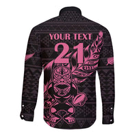New Zealand Rugby Warrior Custom Long Sleeve Button Shirt Pink Fern Taniko Motif LT9 - Polynesian Pride