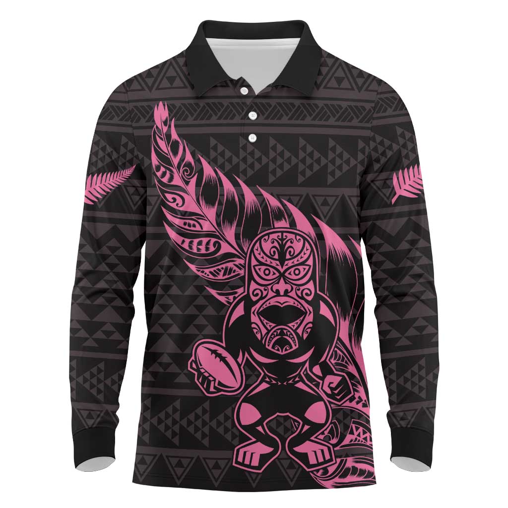 New Zealand Rugby Warrior Custom Long Sleeve Polo Shirt Pink Fern Taniko Motif LT9 Pink - Polynesian Pride