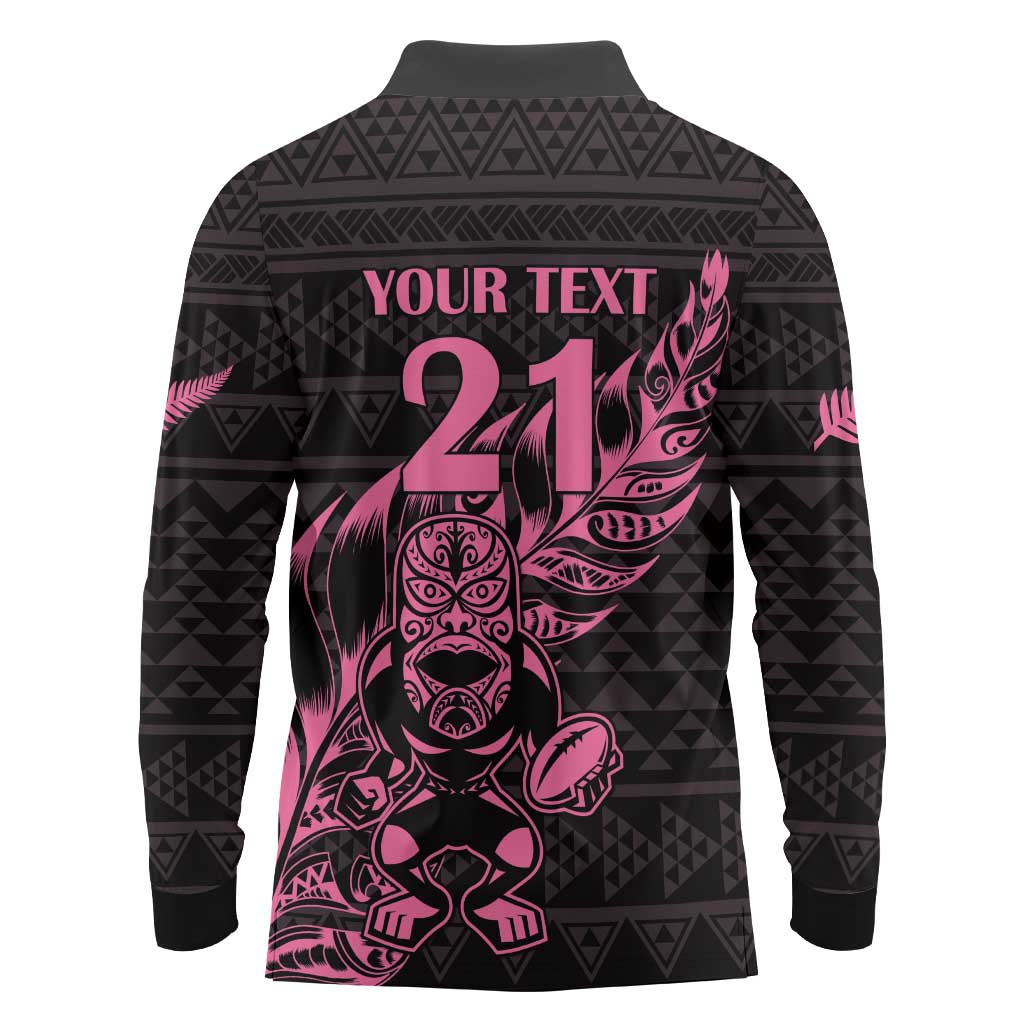 New Zealand Rugby Warrior Custom Long Sleeve Polo Shirt Pink Fern Taniko Motif LT9 - Polynesian Pride