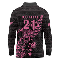 New Zealand Rugby Warrior Custom Long Sleeve Polo Shirt Pink Fern Taniko Motif LT9 - Polynesian Pride