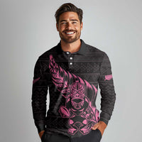 New Zealand Rugby Warrior Custom Long Sleeve Polo Shirt Pink Fern Taniko Motif LT9 - Polynesian Pride