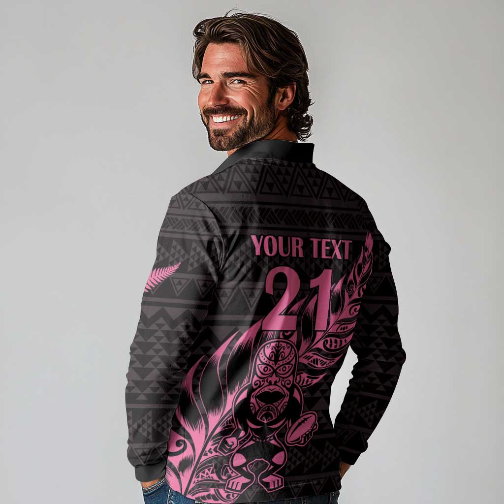 New Zealand Rugby Warrior Custom Long Sleeve Polo Shirt Pink Fern Taniko Motif LT9 - Polynesian Pride
