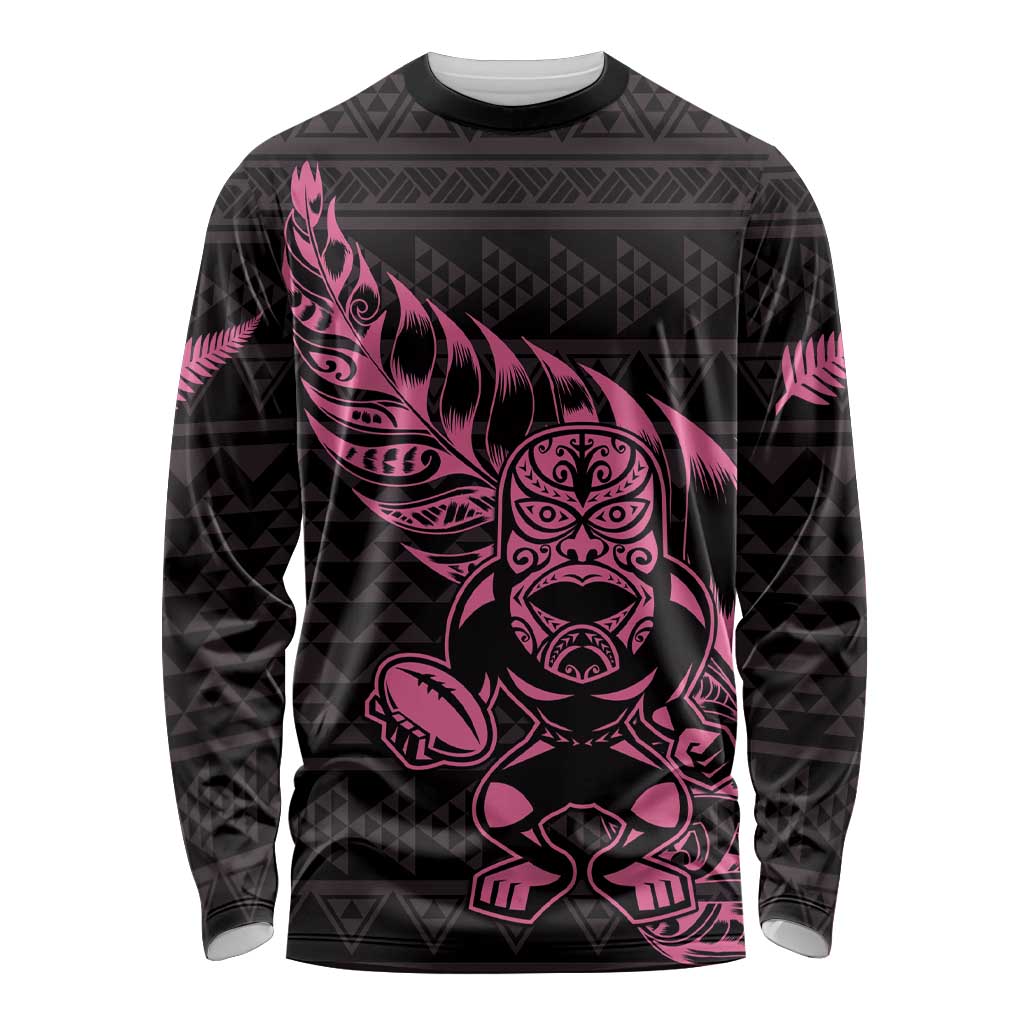 New Zealand Rugby Warrior Custom Long Sleeve Shirt Pink Fern Taniko Motif LT9 Unisex Pink - Polynesian Pride