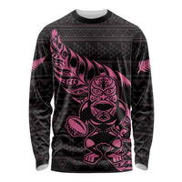 New Zealand Rugby Warrior Custom Long Sleeve Shirt Pink Fern Taniko Motif LT9 Unisex Pink - Polynesian Pride