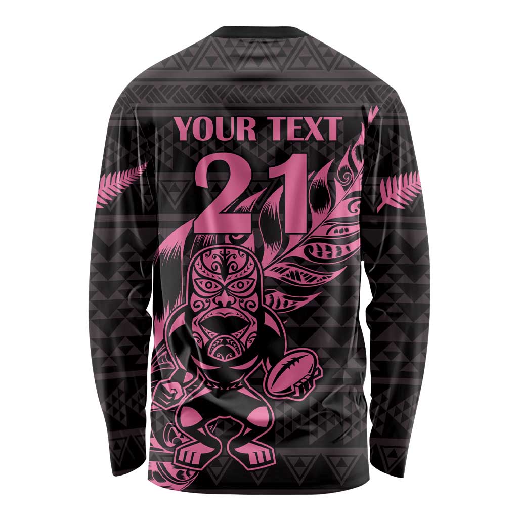 New Zealand Rugby Warrior Custom Long Sleeve Shirt Pink Fern Taniko Motif LT9 - Polynesian Pride