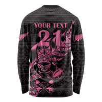 New Zealand Rugby Warrior Custom Long Sleeve Shirt Pink Fern Taniko Motif LT9 - Polynesian Pride
