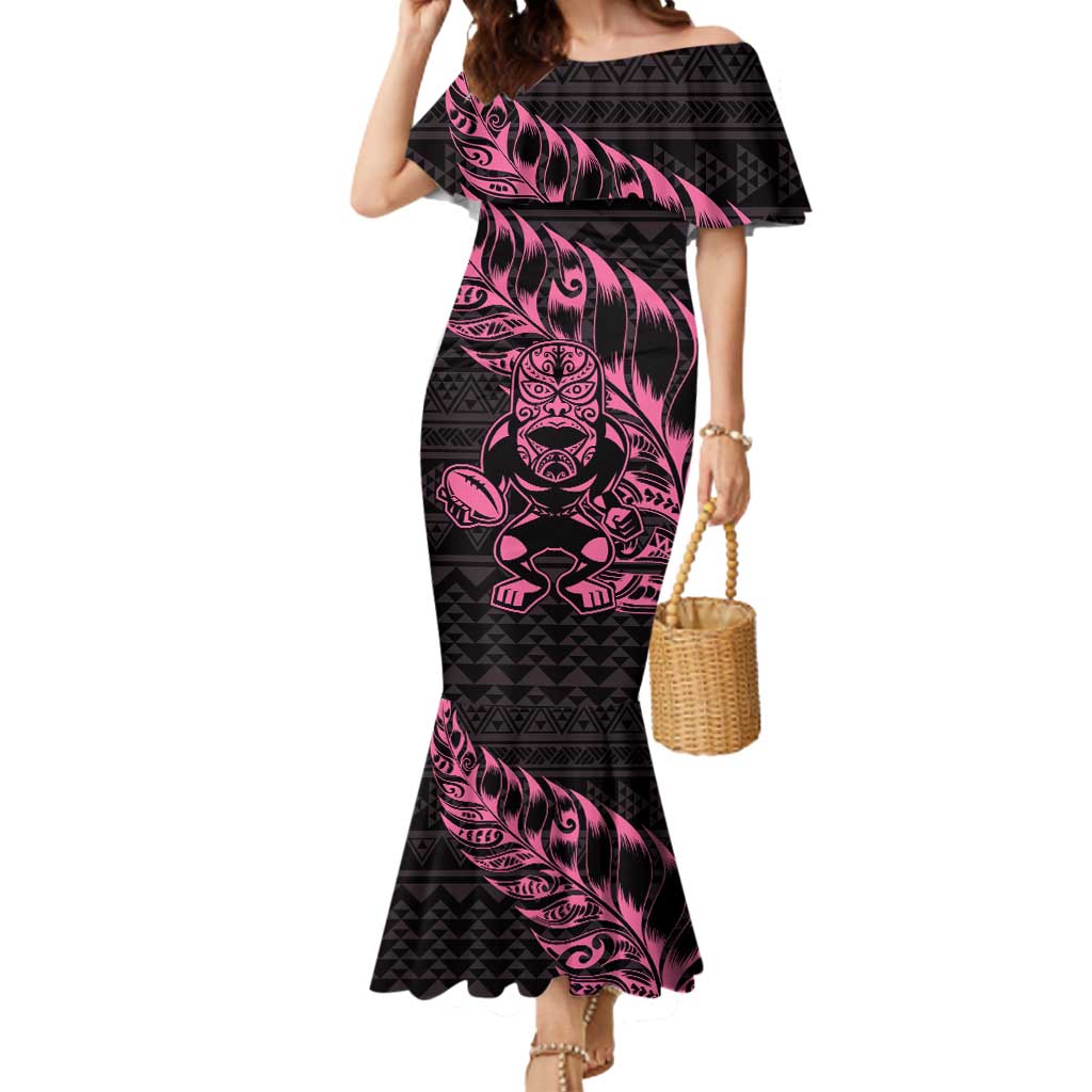 New Zealand Rugby Warrior Custom Mermaid Dress Pink Fern Taniko Motif LT9 Women Pink - Polynesian Pride