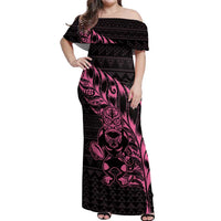 New Zealand Rugby Warrior Custom Off Shoulder Maxi Dress Pink Fern Taniko Motif LT9 Women Pink - Polynesian Pride