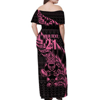 New Zealand Rugby Warrior Custom Off Shoulder Maxi Dress Pink Fern Taniko Motif LT9 - Polynesian Pride