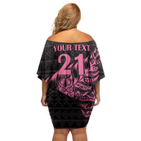 New Zealand Rugby Warrior Custom Off Shoulder Short Dress Pink Fern Taniko Motif LT9 - Polynesian Pride