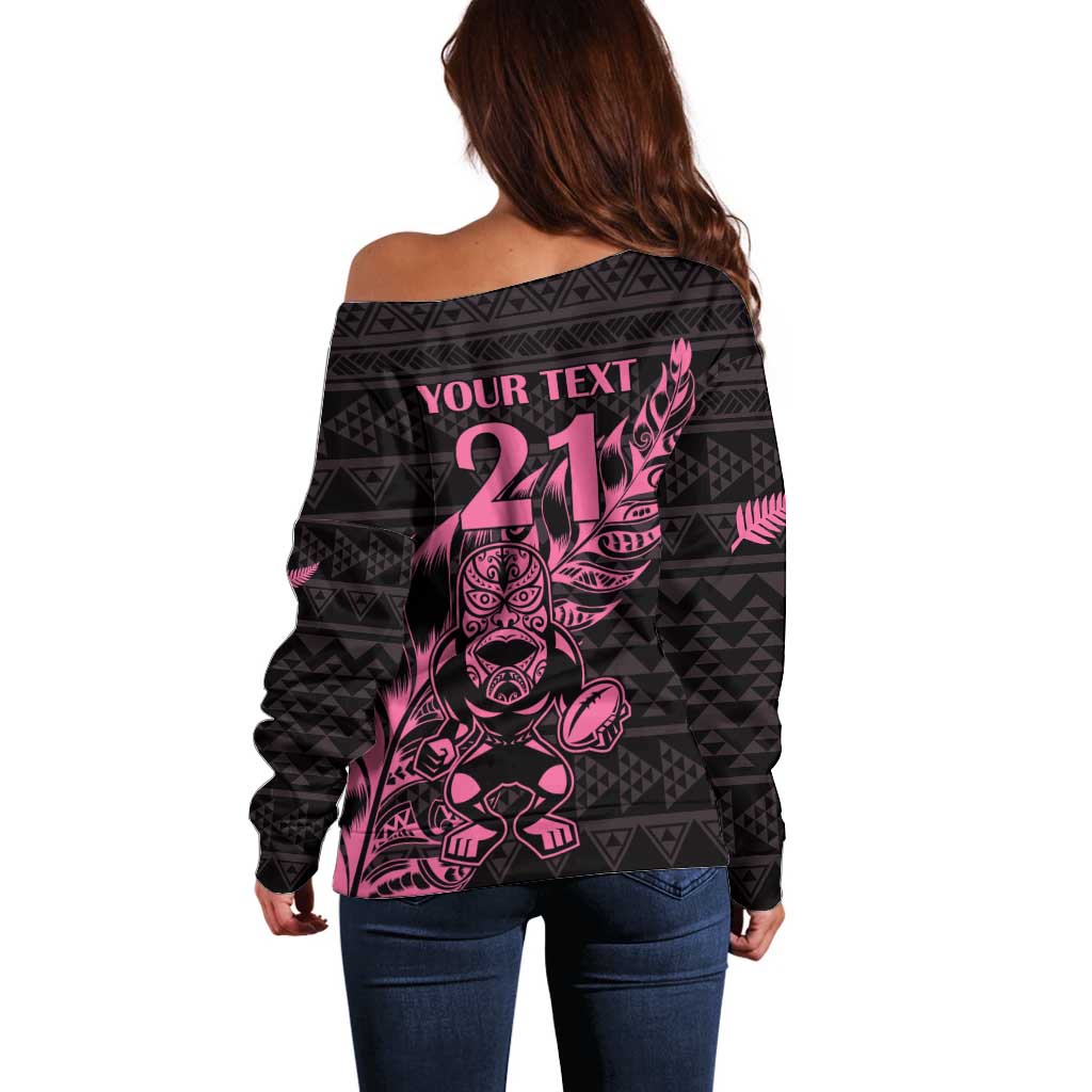 New Zealand Rugby Warrior Custom Off Shoulder Sweater Pink Fern Taniko Motif LT9 - Polynesian Pride
