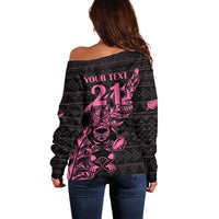 New Zealand Rugby Warrior Custom Off Shoulder Sweater Pink Fern Taniko Motif LT9 - Polynesian Pride