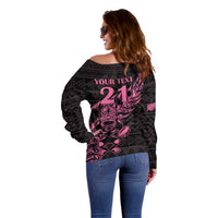 New Zealand Rugby Warrior Custom Off Shoulder Sweater Pink Fern Taniko Motif LT9 - Polynesian Pride