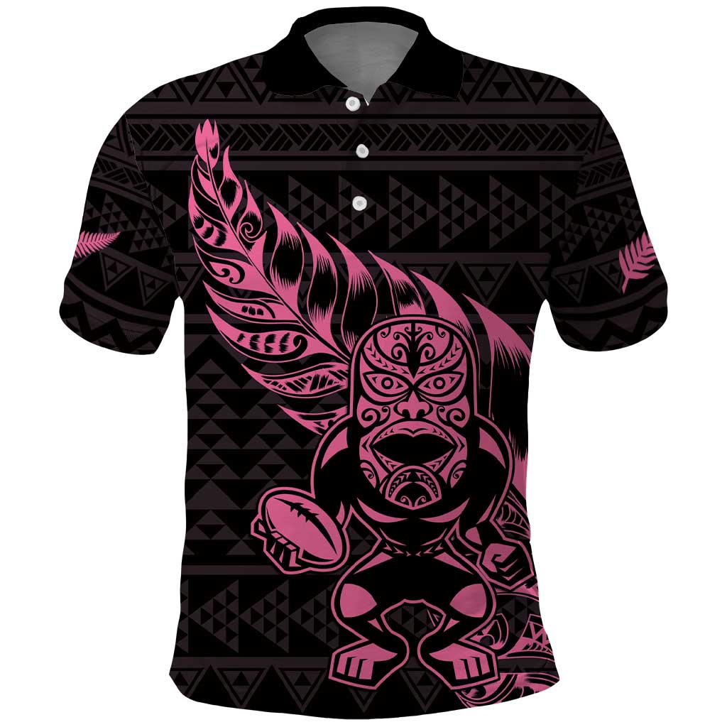 New Zealand Rugby Warrior Custom Polo Shirt Pink Fern Taniko Motif LT9 Pink - Polynesian Pride