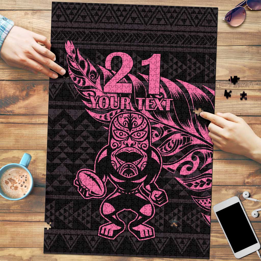 New Zealand Rugby Warrior Custom Puzzle Pink Fern Taniko Motif - Polynesian Pride