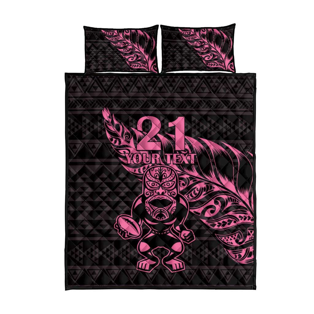 New Zealand Rugby Warrior Custom Quilt Bed Set Pink Fern Taniko Motif LT9 - Polynesian Pride