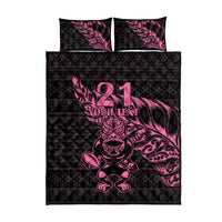New Zealand Rugby Warrior Custom Quilt Bed Set Pink Fern Taniko Motif LT9 - Polynesian Pride