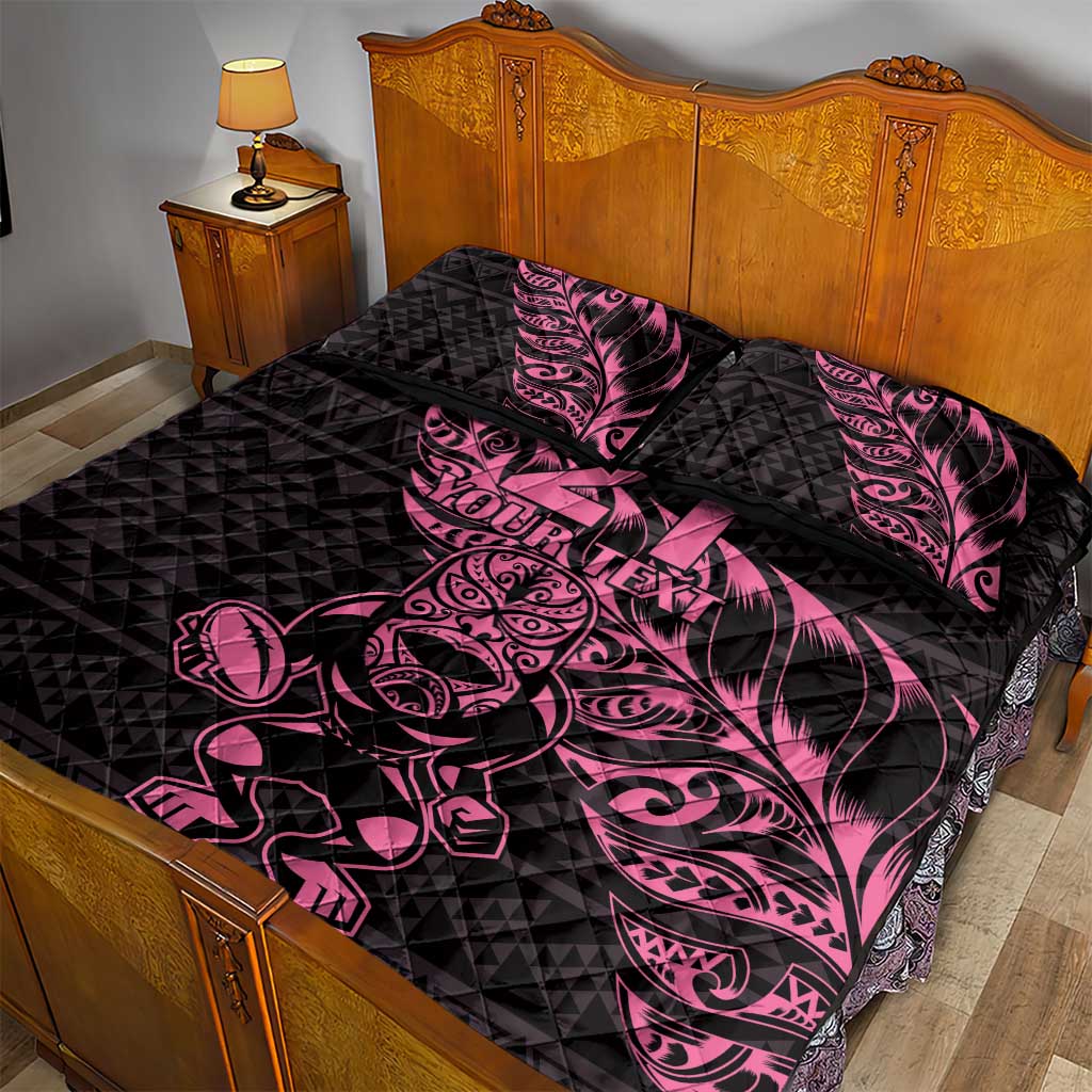 New Zealand Rugby Warrior Custom Quilt Bed Set Pink Fern Taniko Motif LT9 - Polynesian Pride