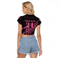 New Zealand Rugby Warrior Custom Raglan Cropped T Shirt Pink Fern Taniko Motif LT9 - Polynesian Pride