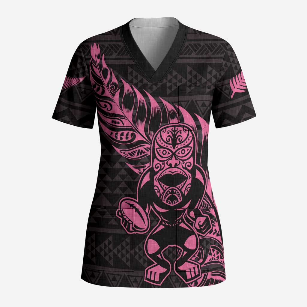 New Zealand Rugby Warrior Custom Scrub Top Pink Fern Taniko Motif - Polynesian Pride