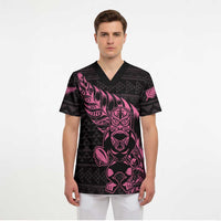 New Zealand Rugby Warrior Custom Scrub Top Pink Fern Taniko Motif - Polynesian Pride