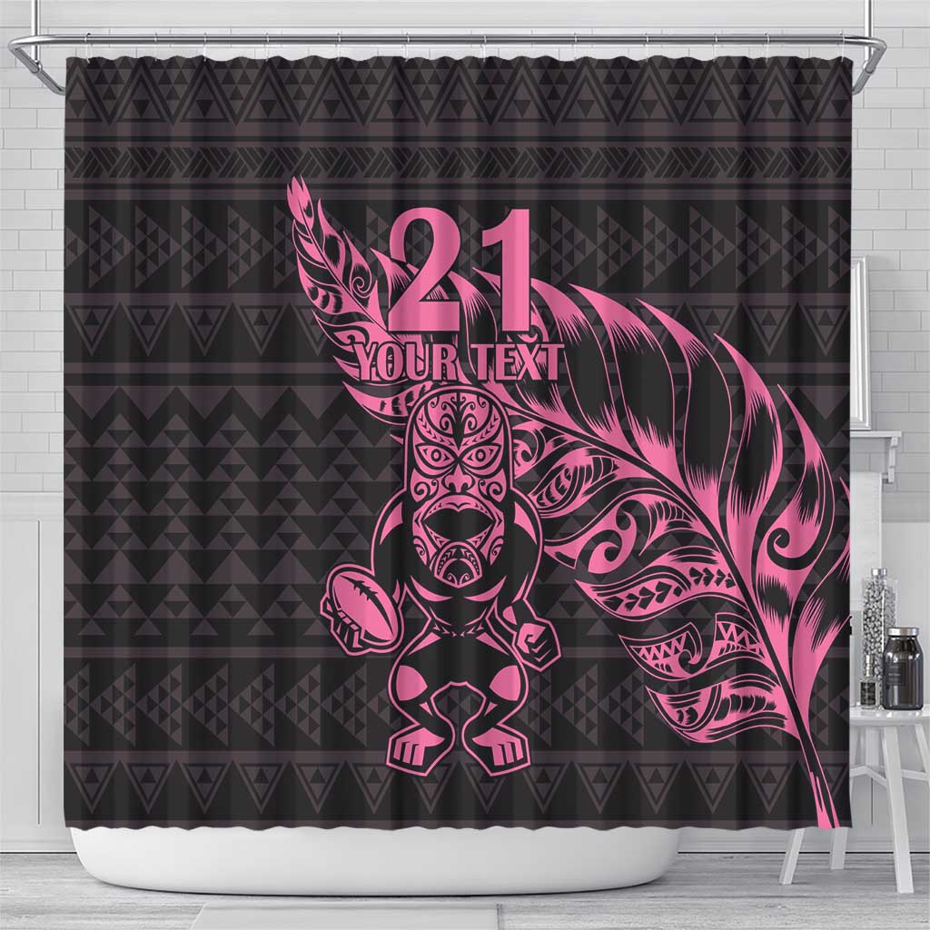 New Zealand Rugby Warrior Custom Shower Curtain Pink Fern Taniko Motif LT9 - Polynesian Pride