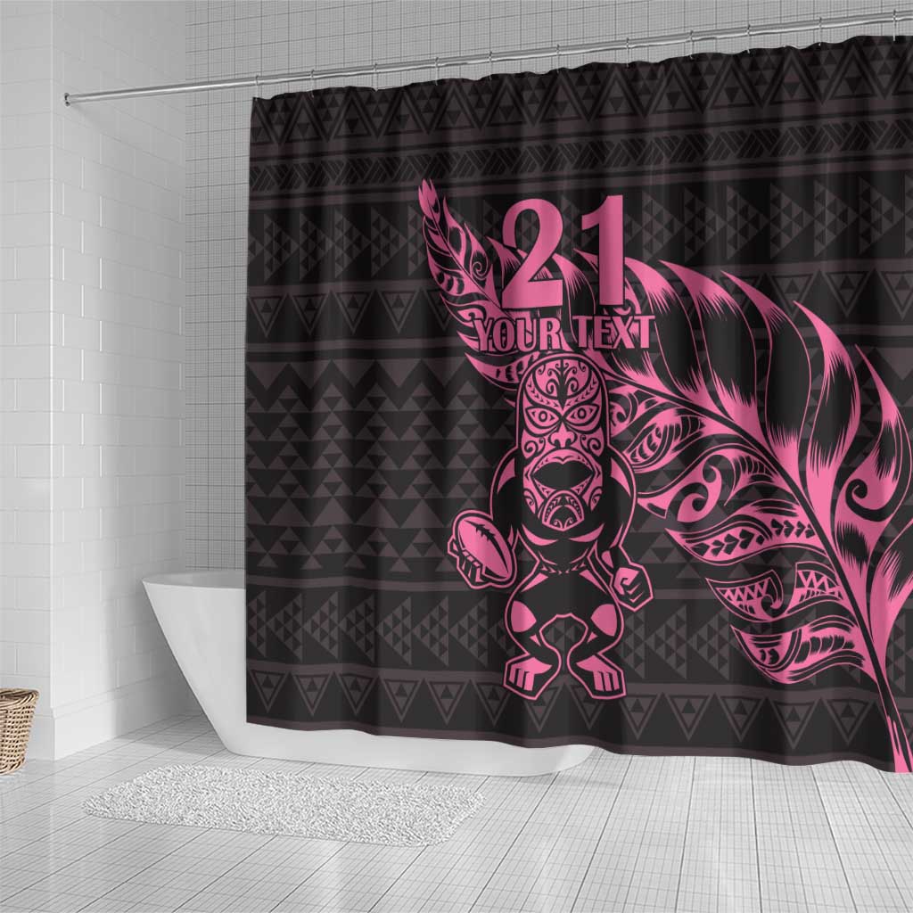 New Zealand Rugby Warrior Custom Shower Curtain Pink Fern Taniko Motif LT9 - Polynesian Pride