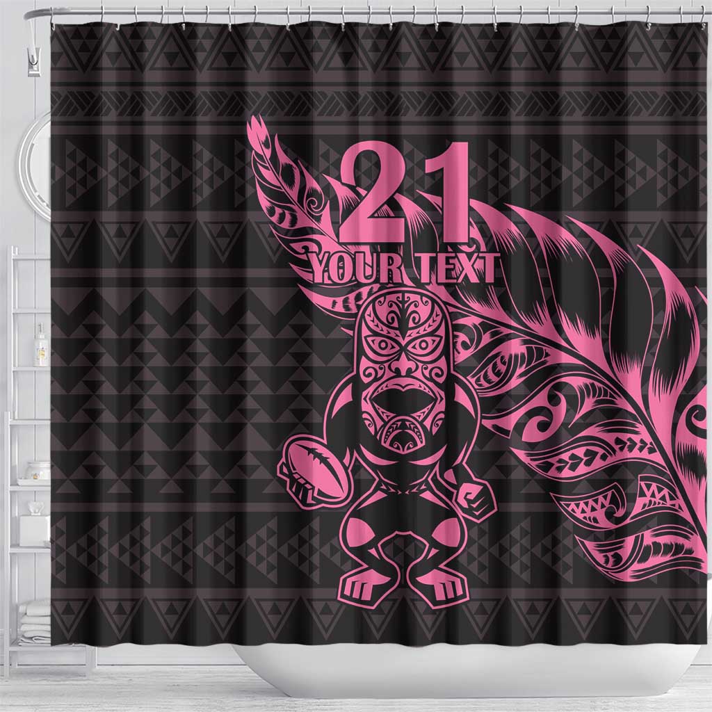 New Zealand Rugby Warrior Custom Shower Curtain Pink Fern Taniko Motif LT9 - Polynesian Pride