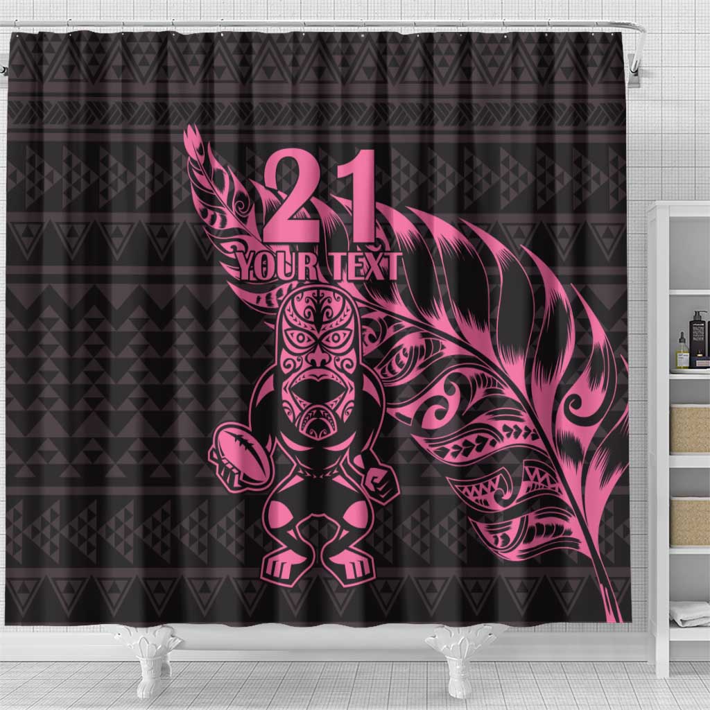 New Zealand Rugby Warrior Custom Shower Curtain Pink Fern Taniko Motif LT9 - Polynesian Pride