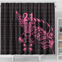 New Zealand Rugby Warrior Custom Shower Curtain Pink Fern Taniko Motif LT9 - Polynesian Pride