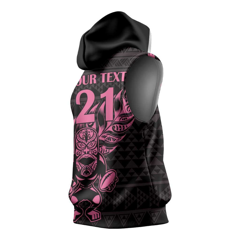 New Zealand Rugby Warrior Custom Sleeveless Hoodie Pink Fern Taniko Motif LT9 - Polynesian Pride