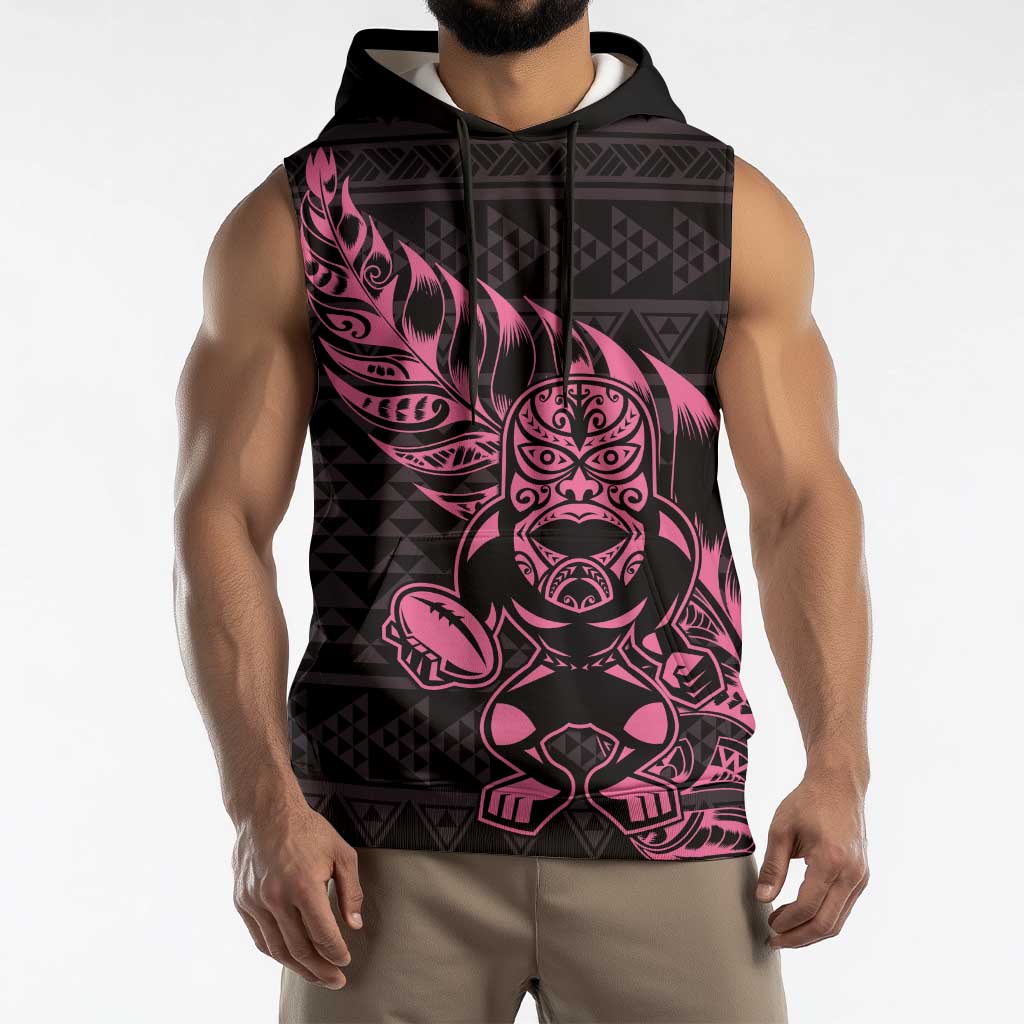 New Zealand Rugby Warrior Custom Sleeveless Hoodie Pink Fern Taniko Motif LT9 - Polynesian Pride