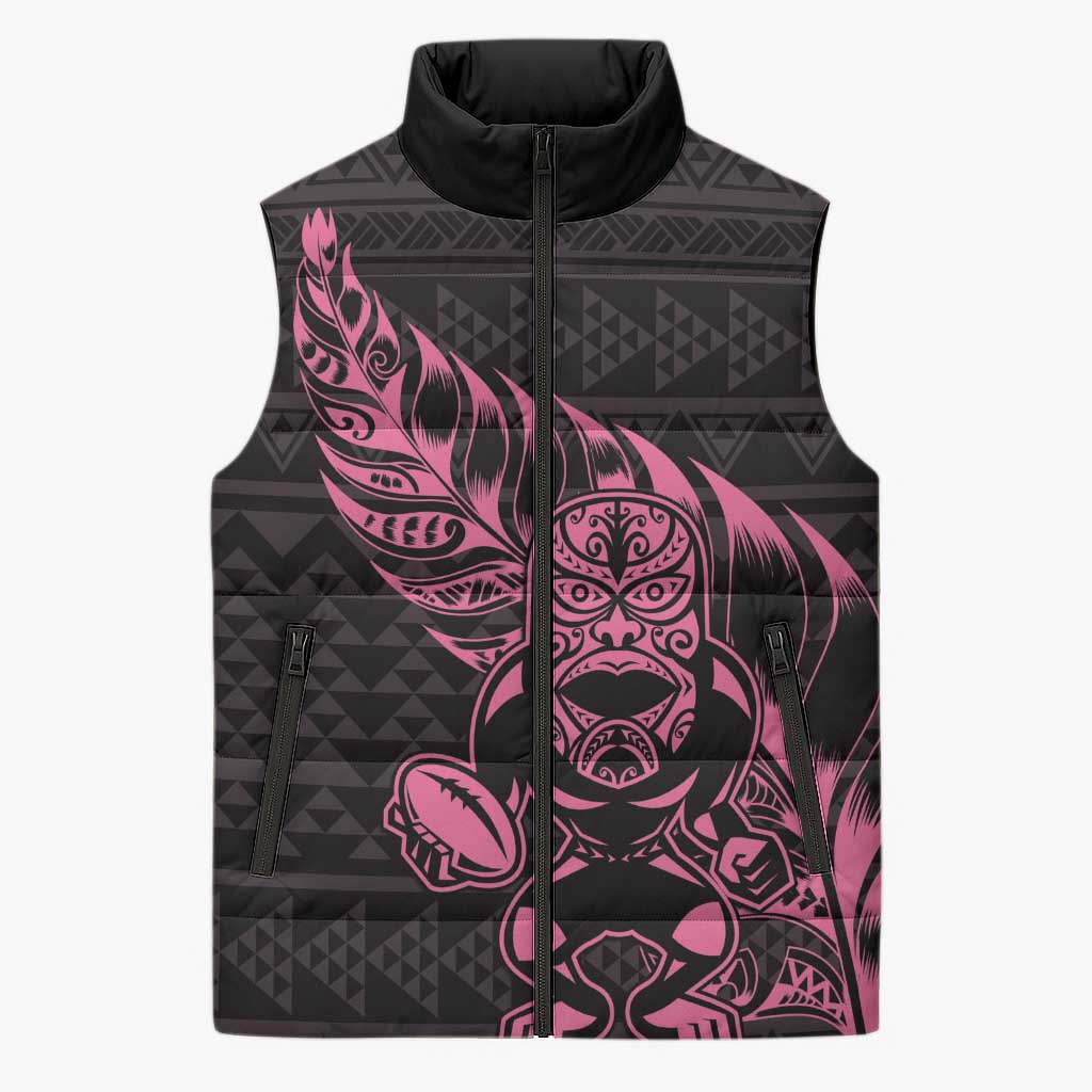 New Zealand Rugby Warrior Custom Sleeveless Puffer Jacket Pink Fern Taniko Motif LT9 Unisex Pink - Polynesian Pride