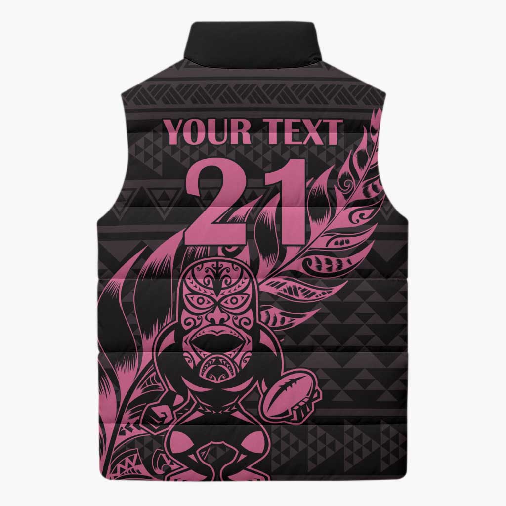 New Zealand Rugby Warrior Custom Sleeveless Puffer Jacket Pink Fern Taniko Motif LT9 - Polynesian Pride