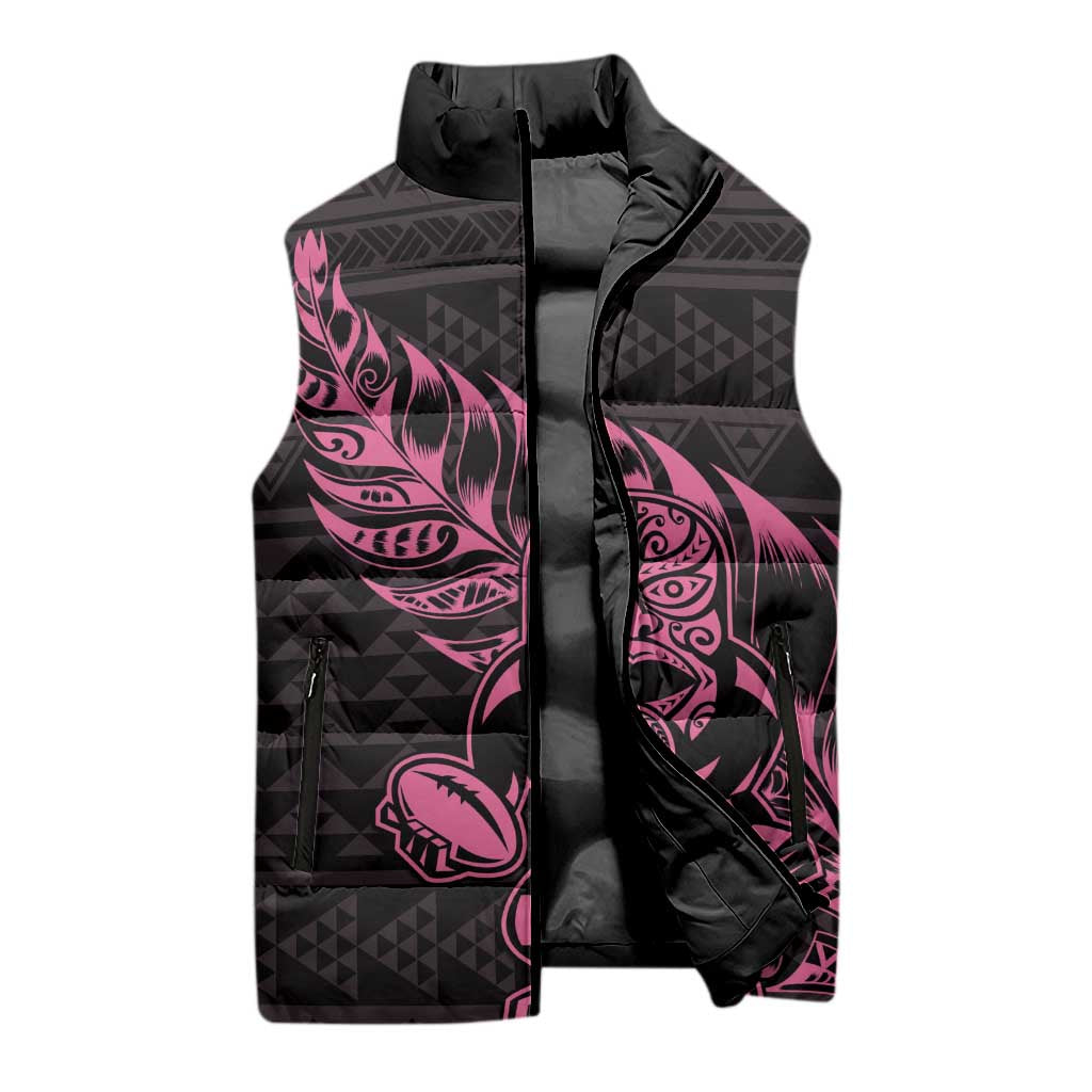 New Zealand Rugby Warrior Custom Sleeveless Puffer Jacket Pink Fern Taniko Motif LT9 - Polynesian Pride