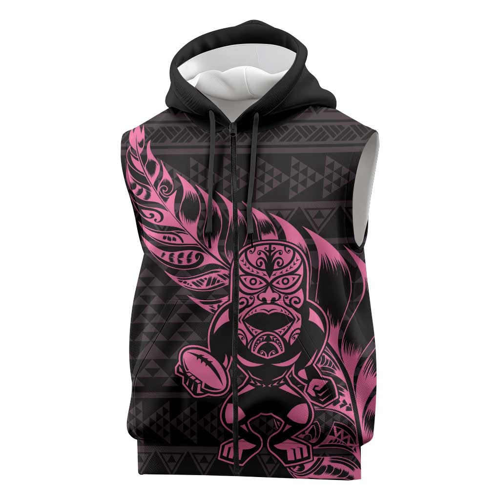 New Zealand Rugby Warrior Custom Sleeveless Zip Hoodie Pink Fern Taniko Motif LT9 Pink - Polynesian Pride