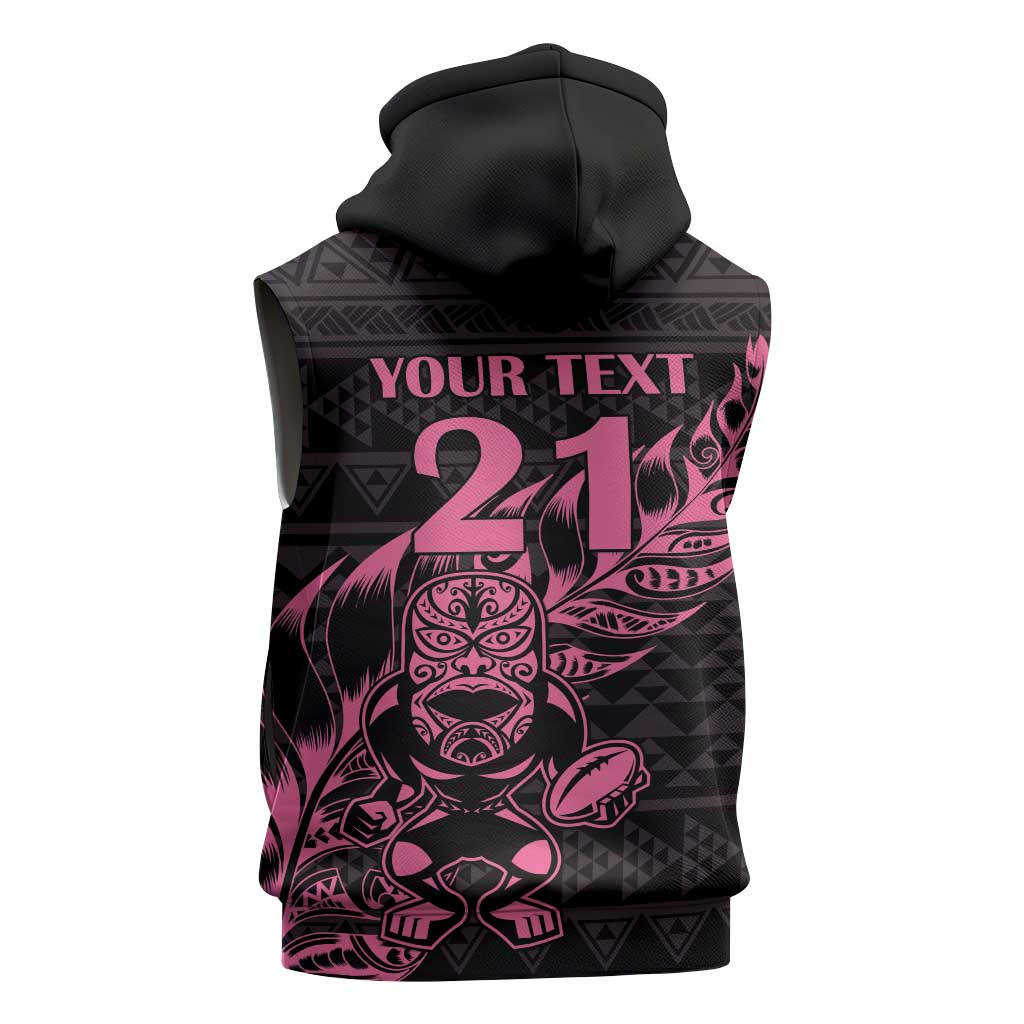 New Zealand Rugby Warrior Custom Sleeveless Zip Hoodie Pink Fern Taniko Motif LT9 - Polynesian Pride