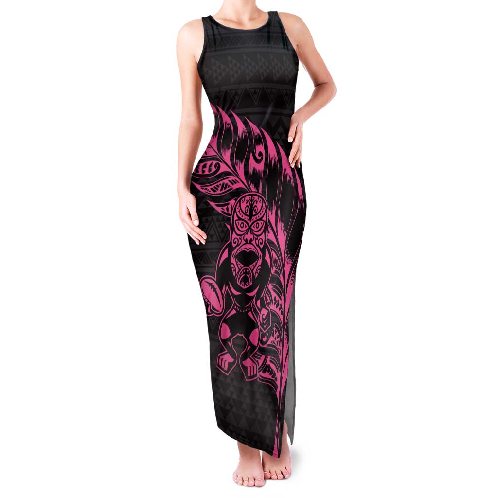 New Zealand Rugby Warrior Custom Tank Maxi Dress Pink Fern Taniko Motif LT9 Women Pink - Polynesian Pride