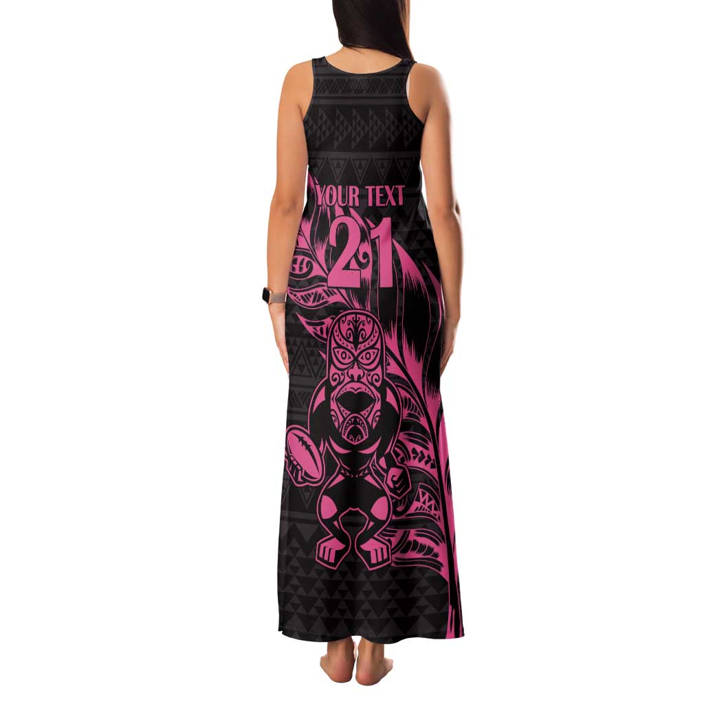 New Zealand Rugby Warrior Custom Tank Maxi Dress Pink Fern Taniko Motif LT9 - Polynesian Pride