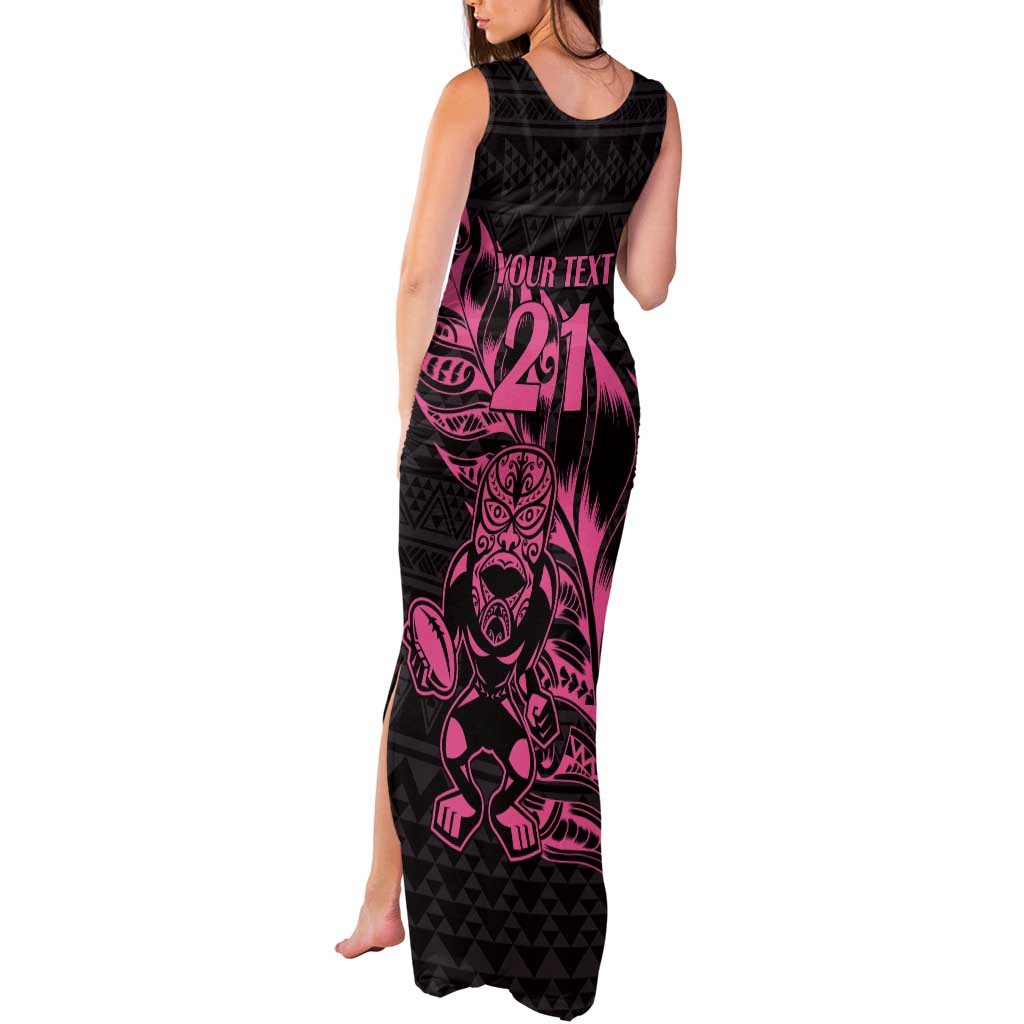 New Zealand Rugby Warrior Custom Tank Maxi Dress Pink Fern Taniko Motif LT9 - Polynesian Pride