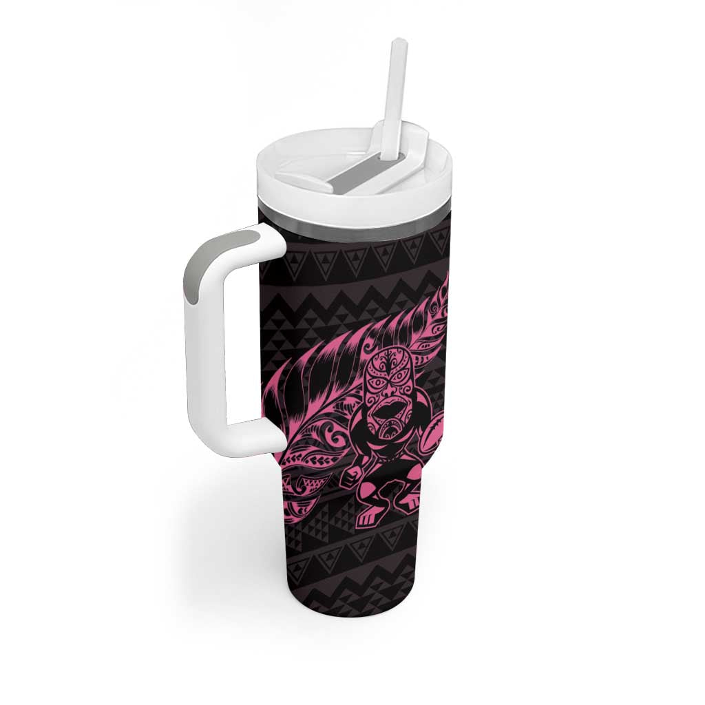 New Zealand Rugby Warrior Custom Tumbler With Handle Pink Fern Taniko Motif LT9 - Polynesian Pride